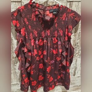Sanctuary Women’s Blouse XL Burgundy Floral Ruffle Smocked Top